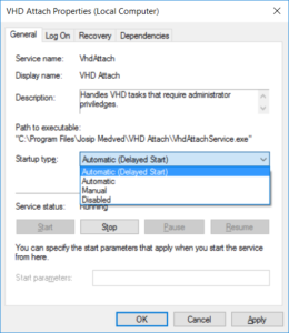 VHD Attach - Startup type - Automatic (delayed start)